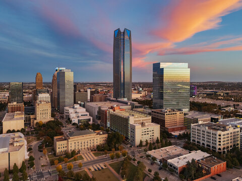Oklahoma city skyline at Sunset with colorful clouds