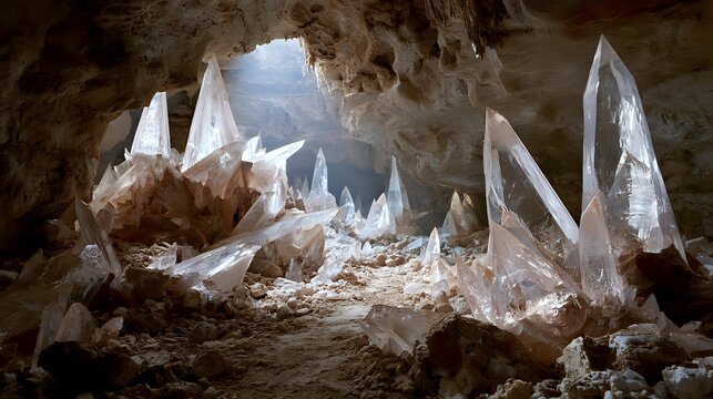 Rare gypsum crystal cave featuring towering transparent mineral blades illuminated by soft natural skylight