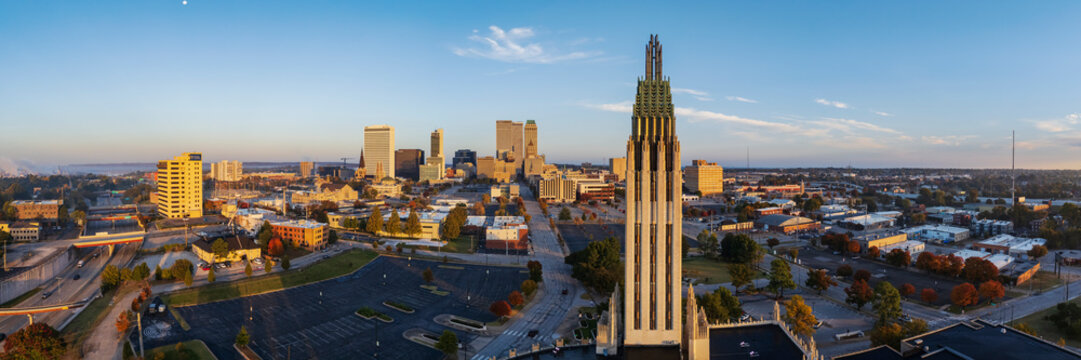 Tulsa skyline at Sunrise with downtown buildings and tower