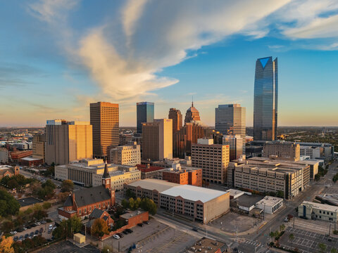 Oklahoma city skyline at Sunset with urban buildings, skyscrapers