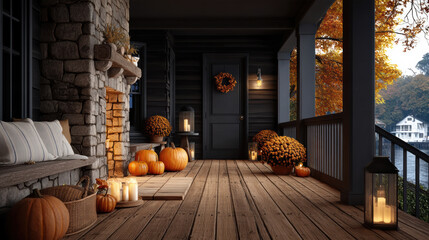 Fototapeta premium Rustic wooden porch autumn decor pumpkin candle lantern wreath cozy lakeside home