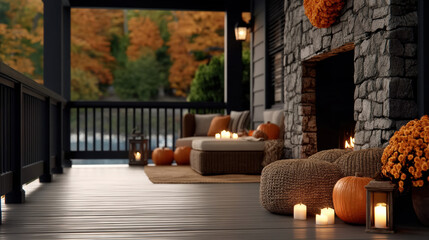 Fototapeta premium Cozy wooden porch autumn pumpkin candle lantern stone fireplace outdoor seating relaxation