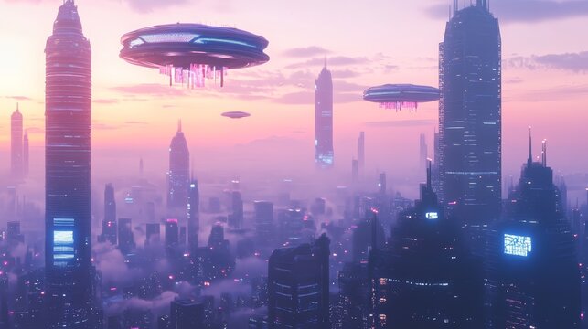 A futuristic cityscape at sunset features towering skyscrapers and hovering spacecraft, illuminated in vibrant hues