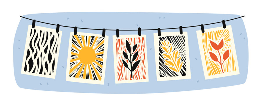 Linocut block printing drawing creative hobby prints drying on line abstract sun leaves nature motifs colorful handmade art home craft