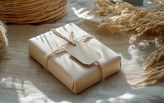 Craft paper wrapped gift with blank tag and dried pampas grass on linen fabric, showcasing sustainable and natural gift presentation