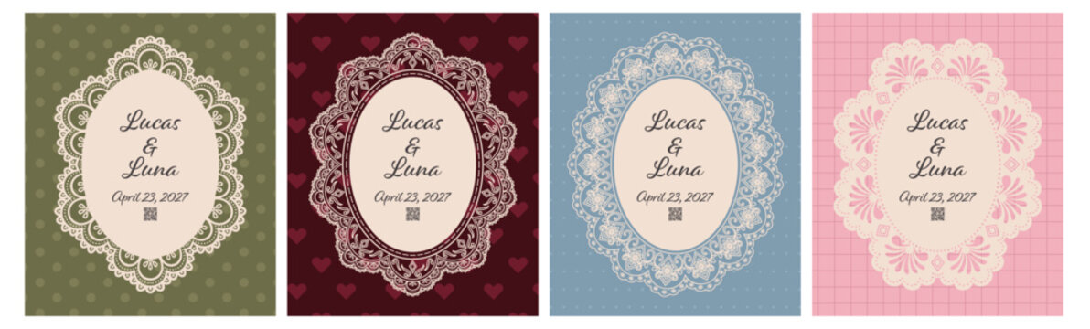 Vintage oval scallop lace frame set. Rectangular wedding invitation template with elegant border edge and floral doily trim. Romantic card design.