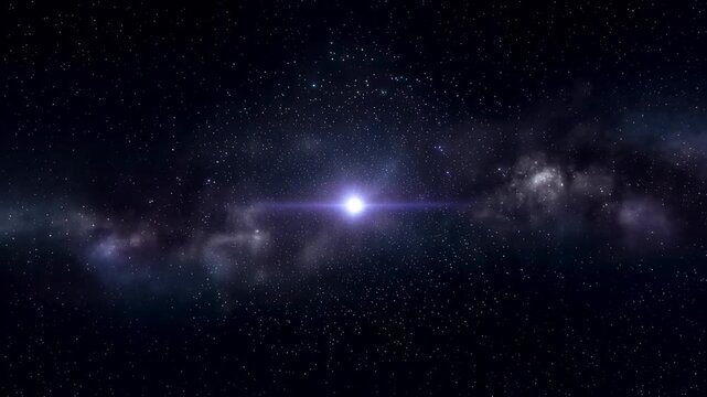 Abstract cosmic light animation radiates outward, twists into luminous blue and orange spirals, then settles into a glowing star across a deep space background
