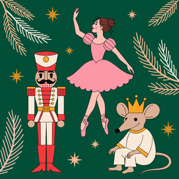 Vintage Nutcracker and Ballerina Christmas Vector Icon Sheet with Mouse King and Pine Branches