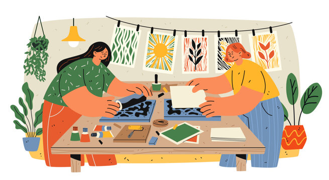 Linocut block printing drawing creative hobby people making handmade prints art supplies cozy home plants wall artwork modern workspace