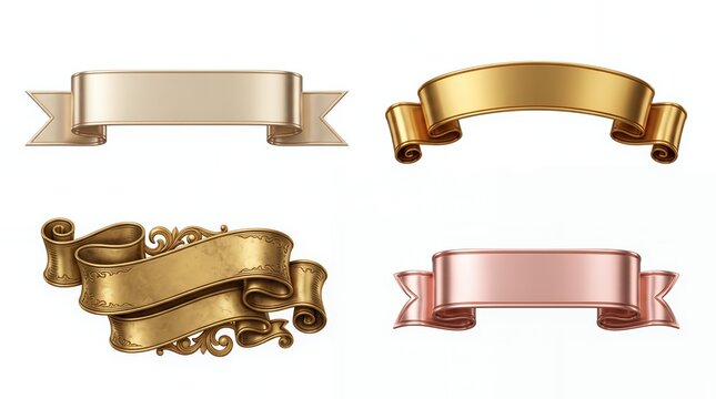Decorative metallic ribbon banners in gold, bronze and rose gold finishes with elegant folded and ornamental shapes isolated on white.
