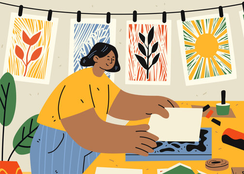 Linocut block printing drawing creative hobby artist making handmade prints colorful artwork plants sun drying on line home studio workspace