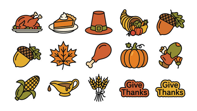 Colorful thanksgiving holiday icons set with pumpkin and turkey illustrations