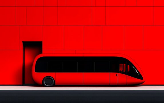 Minimalistic silhouette of red bus against bright red background, modern transportation concept with copy space