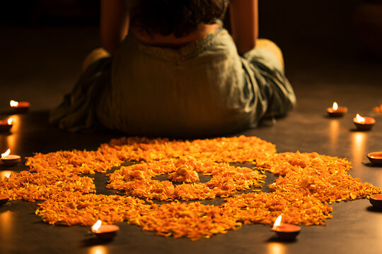 Celebration of Diwali with flower decorations and diyas in a dimly lit room