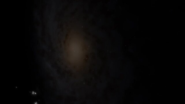 This video is the 2nd shows a dark alien vessel traversing across a massive spiral galaxy. As the ship moves, rows of glowing white windows along its silhouette slice through the deep void of space.