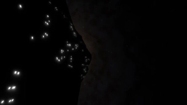 The 1st video shows a dark alien vessel traversing across a massive spiral galaxy. As the ship moves, rows of glowing white windows along its silhouette slice through the deep void of space.