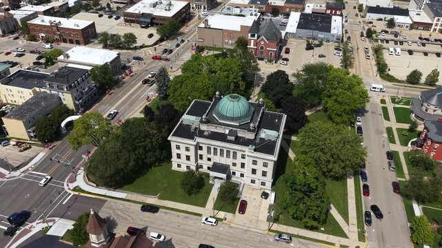 Dixon, Illinois USA. Drone View of Old Lee County Courthouse Building and Street Traffic