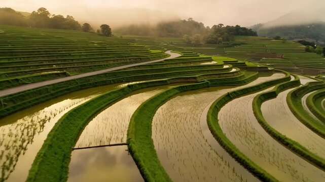 Aerial movement over lush terraced rice fields with flooded paddies, winding rural road, misty hills, and warm sunrise light in a cultivated mountain landscape