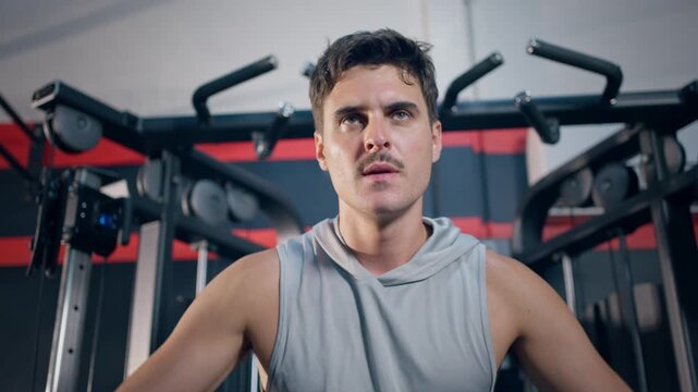 Young sportsman exercise and lifting weights machine in fitness gym. 