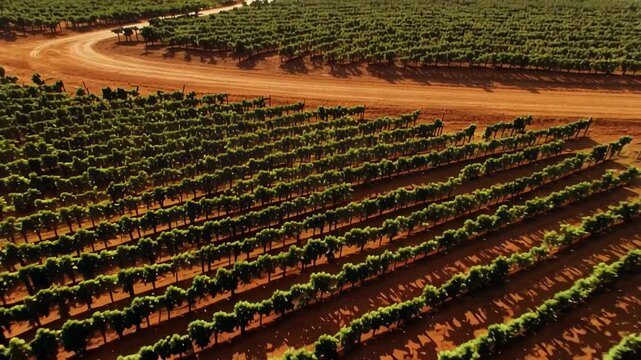Aerial view of orderly grapevine rows across a sunlit vineyard, with a broad dirt road curving through cultivated agricultural fields in rural California