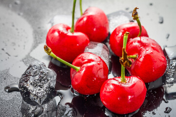 Close-up of fresh, glossy red cherries with water droplets resting on clear ice cubes, creating a cool, refreshing still life of ripe fruit. © tai