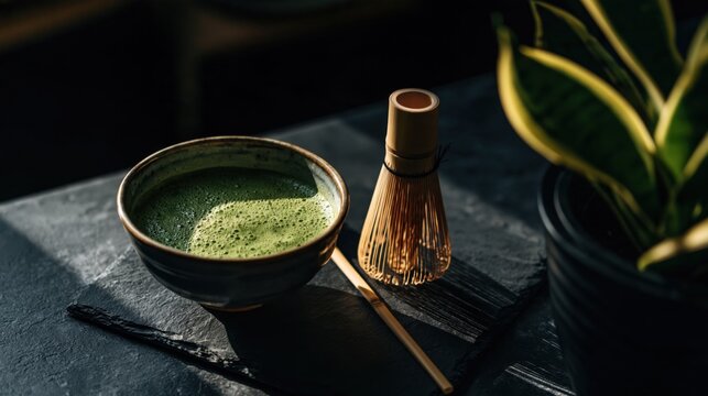 Top down close up of frothed green tea in a bowl with a bamboo whisk.