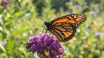 Obraz premium A vibrant monarch butterfly resting on a purple flower in a sunlit meadow.