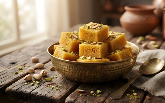 Delicious traditional Indian sweet Mysore pak porous ghee and gram flour fudge cubes garnished with chopped pistachios and almond slivers in a brass bowl on a rustic wooden table.

