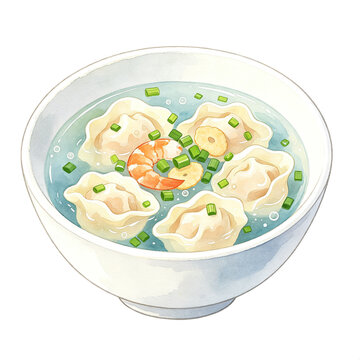 Shrimp Dumpling Soup, Watercolor illustration of boiled dumpling soup with shrimp, green onion in white ceramic bowl, isolated white background, chinese dumpling soup art