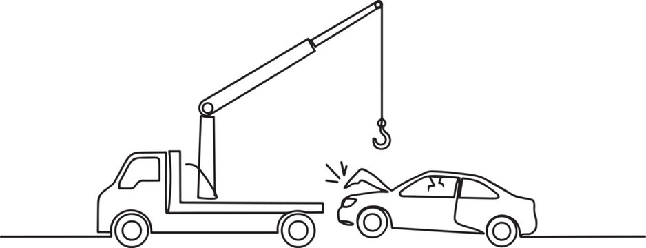 Continuous one line drawing tow truck is lifting the broken car to be lifted onto it using the crane. The car was damaged in a traffic accident. one line Icon drawing