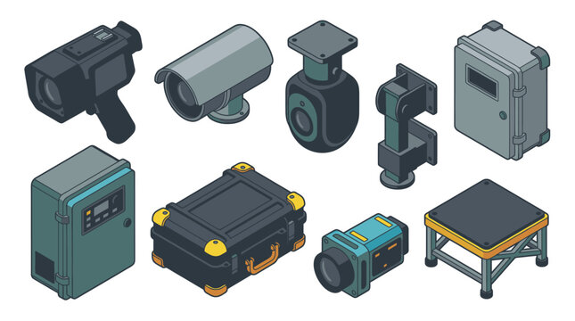 Creative Isometric of Modern Surveillance and Security Equipment Set in Various Shades of Gray and Teal