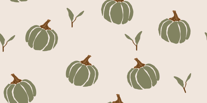 Hand-Drawn Green Pumpkin and Leaf Pattern Background