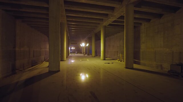 Underground passage displays row of heavy pillars with warm halogen lights along walkway. Enclosed space creates mysterious industrial feel