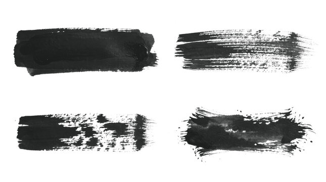 Set of four black ink brush strokes isolated on transparent background