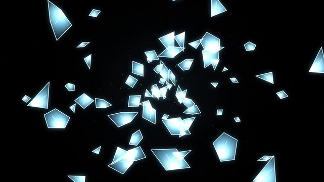 Procedural 3D pink crystal shards and ice fragments exploding outward in a seamless loop. Featuring glowing magenta refractions and specular highlights on a dark background. Ideal for modern concert v