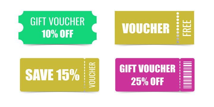 Set of colorful gift voucher tickets isolated on a transparent background