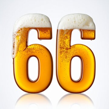 Beer Glass Shaped as Number 66 with Foam and Bubbles on White Background for Birthday and Anniversary Celebration