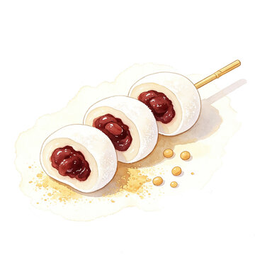 Red bean mochi skewer, Watercolor illustration of cut mochi balls filled with red bean paste on wooden skewer
