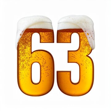 Beer Glass Shaped as Number 63 with Foam and Bubbles on White Background for Birthday and Anniversary Celebration