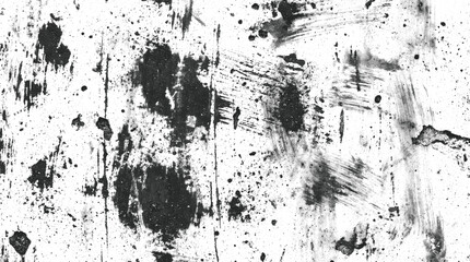 Fototapeta premium Grungy black and white texture with paint splatters, scratches, and distressed weathered concrete surface details for artistic design backgrounds isolated on transparent background