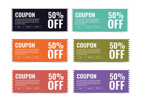 Six colorful fifty percent off coupons isolated on a transparent background