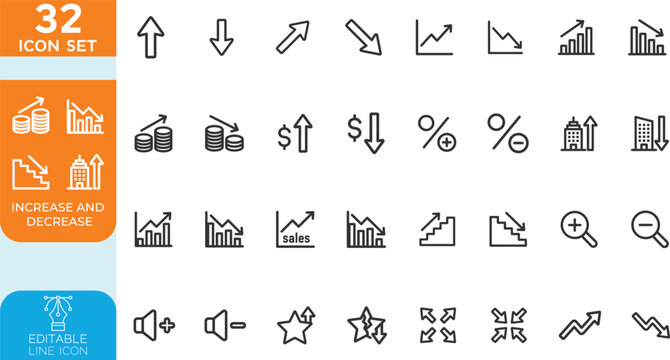 Increase and Decrease line editable Vector illustration icon set. Increase, decrease, graph, charts, market trends, profit, loss, and more. on transparent background.