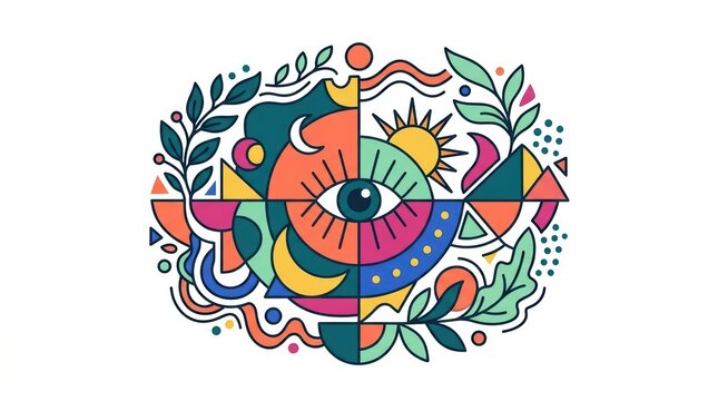 A vibrant artistic illustration featuring a central eye surrounded by colorful geometric shapes sun moon motifs and lush botanical elements on white