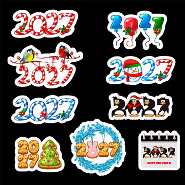 2027 New Year Christmas Sticker Set with Candy Cane Numbers and Winter Characters