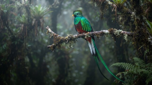 Resplendent quetzal bird perched on moss-covered branch in cloud forest habitat