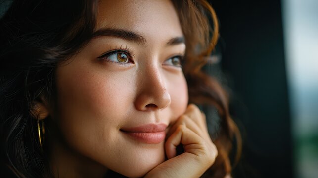 Lost in thought, the woman gazes wistfully into the distance, her serene expression reflecting inner peace and natural beauty