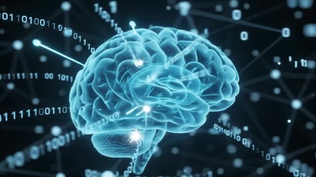 Digital human brain model glowing with binary code data streams representing artificial intelligence and machine learning technology