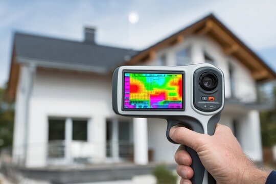 Thermal camera inspecting a house for energy efficiency. Identifies heat loss, insulation issues, and improves energy savings/comfort