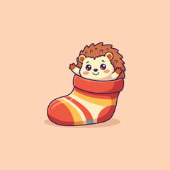 Fototapeta premium Cute Hedgehog in Autumn Striped Sock Vector Illustration