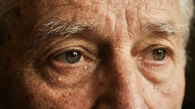 Extreme close-up of elderly person eyes with distant lost vacant expression.